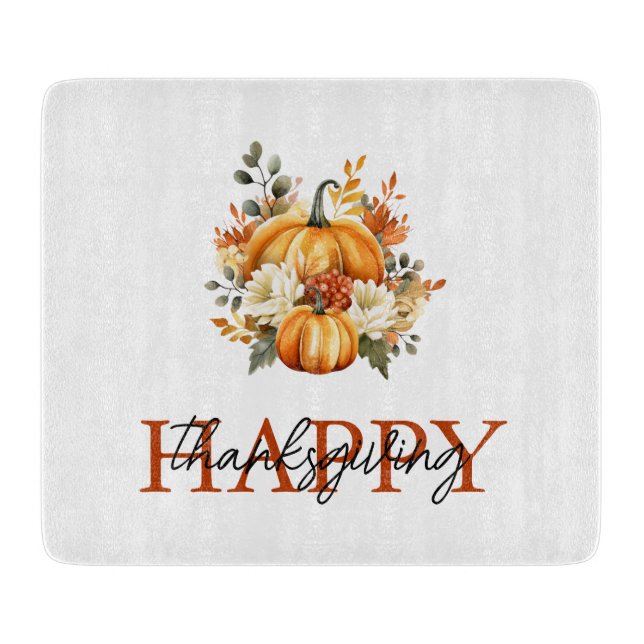 Orange Pumpkins & Flowers Fall Thanksgiving Cutting Board (Front)