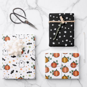 Orange Pumpkins Ghosts Halloween Mixed Patterns Wrapping Paper Sheet