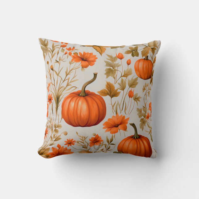 Orange Pumpkins Leaves And Flowers, Fall Decor Cushion (Front)