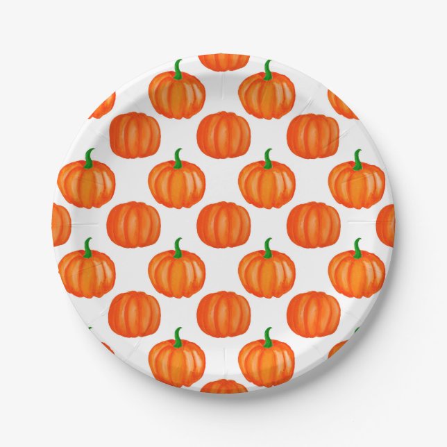 Orange Pumpkins Pattern Halloween Thanksgiving Paper Plate (Front)