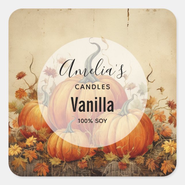  Orange Pumpkins Rustic Autumn - Candle Business Square Sticker (Front)