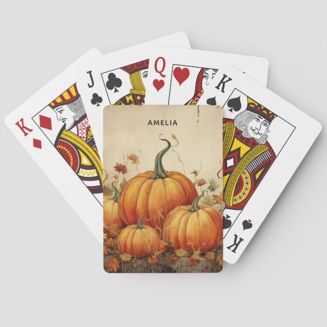 Orange Pumpkins Rustic Autumn Playing Cards (Back)