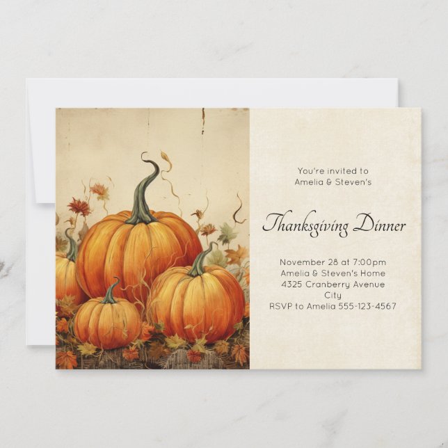 Orange Pumpkins Rustic Autumn Scene Thanksgiving Invitation (Front)