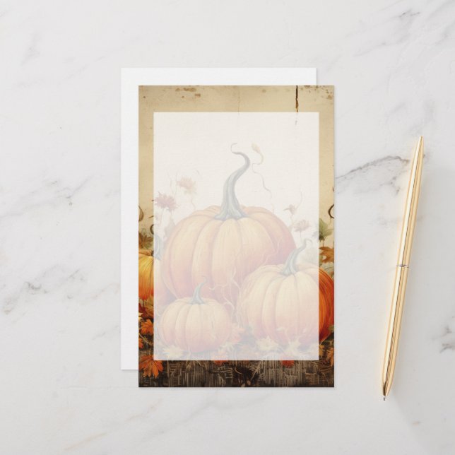 Orange Pumpkins Rustic Autumn Stationery (Front/Back In Situ)