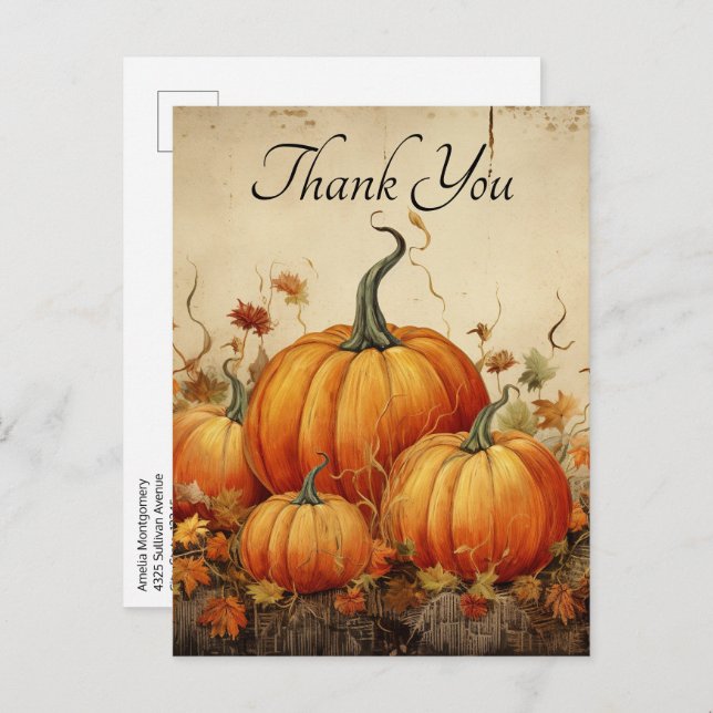 Orange Pumpkins Rustic Autumn Thank You Postcard (Front/Back)