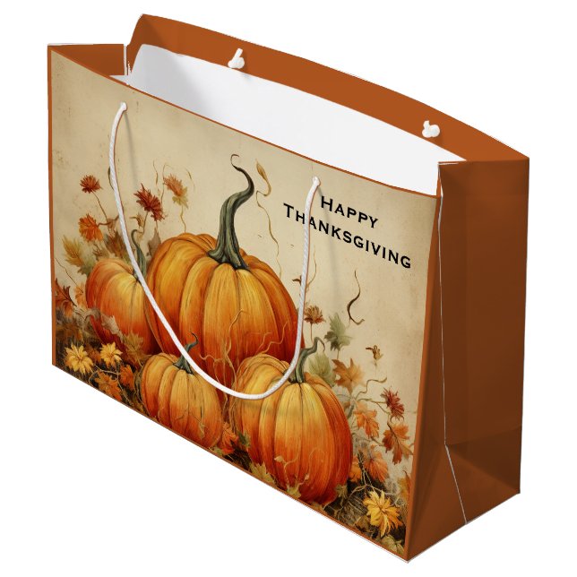 Orange Pumpkins Rustic Autumn Thanksgiving Large Gift Bag (Back Angled)