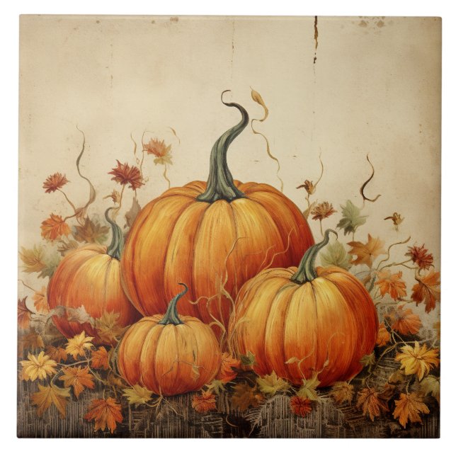 Orange Pumpkins Rustic Autumn Thanksgiving Tile (Front)