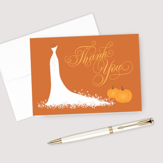 Orange Pumpkins Wedding Gown Fall Bridal Shower Thank You Card (Creator Uploaded)