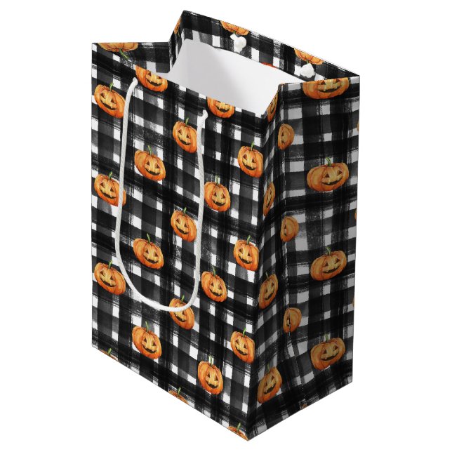 ORANGE PUMPKINS WITH BLACK & WHITE PLAID MEDIUM GIFT BAG (Front Angled)