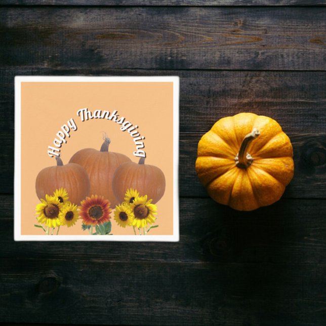 Orange Pumpkins with Sunflowers Happy Thanksgiving Napkin (Creator Uploaded)