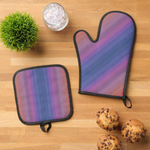 Orange Purple and Blue Horizontal Stripes Design Oven Mitt & Pot Holder Set