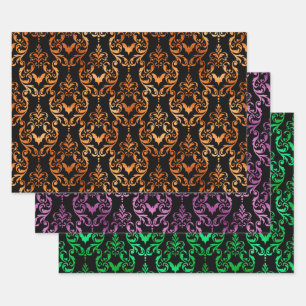 Orange, Purple, and Green Bat Halloween Damask Wrapping Paper Sheet