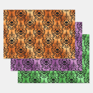 Orange, Purple, and Green Skull Halloween Damask Wrapping Paper Sheet
