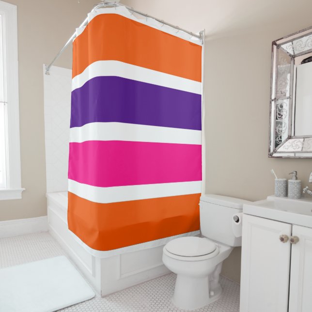 Orange, Purple and Hot Pink Stripes Shower Curtain (In Situ)