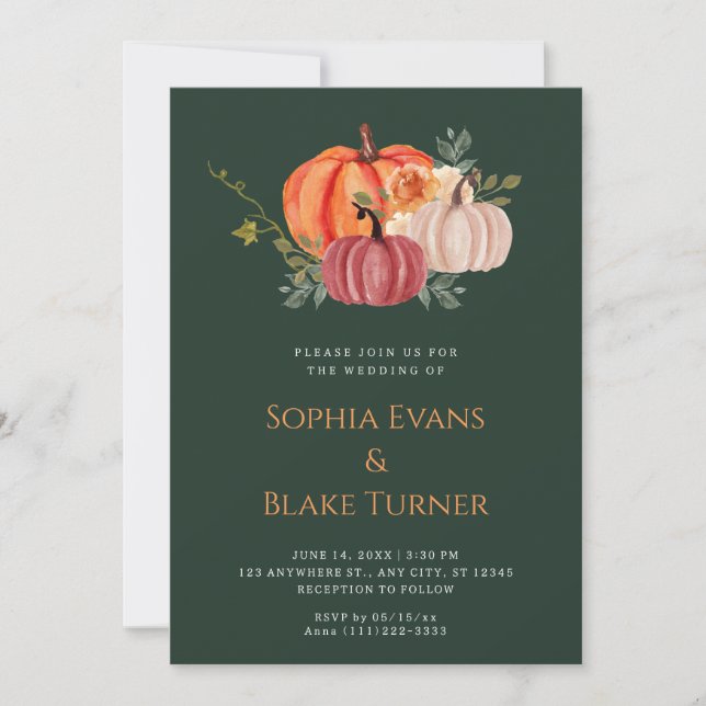 Orange Purple and White Pumpkin Green Wedding Invitation (Front)