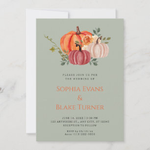 Orange Purple and White Pumpkin Green Wedding Invitation
