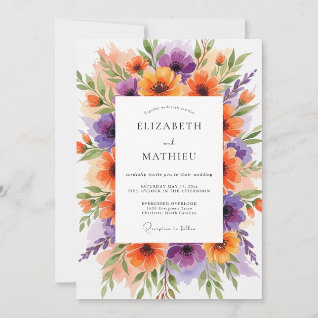 Orange Purple Artistic Botanical Wedding Invitation (Front)
