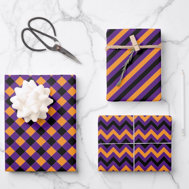 Orange Purple Black Chevron Striped Halloween Wrapping Paper Sheet (Front)