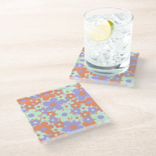 Orange Purple Blue Retro Y2K 70s Flower Pattern Glass Coaster