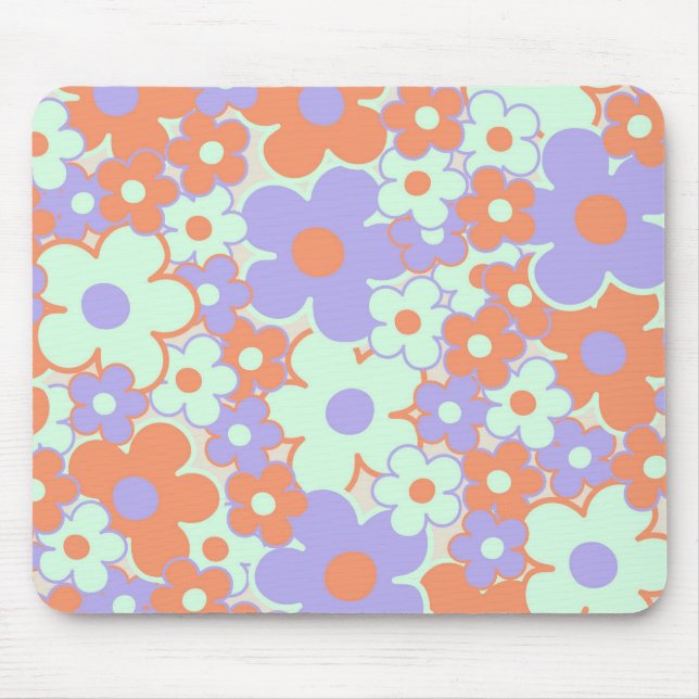 Orange Purple Blue Retro Y2K 70s Flower Pattern Mouse Mat (Front)