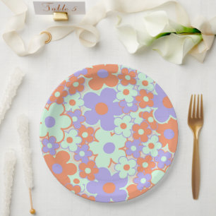 Orange Purple Blue Retro Y2K 70s Flower Pattern Paper Plate