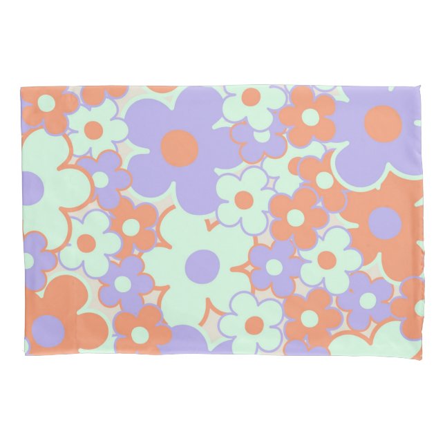 Orange Purple Blue Retro Y2K 70s Flower Pattern Pillowcase (Front)
