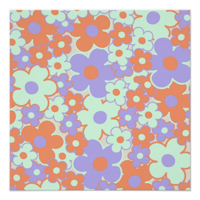Orange Purple Blue Retro Y2K 70s Flower Pattern Poster (Front)