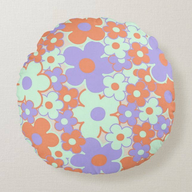 Orange Purple Blue Retro Y2K 70s Flower Pattern Round Cushion (Front)