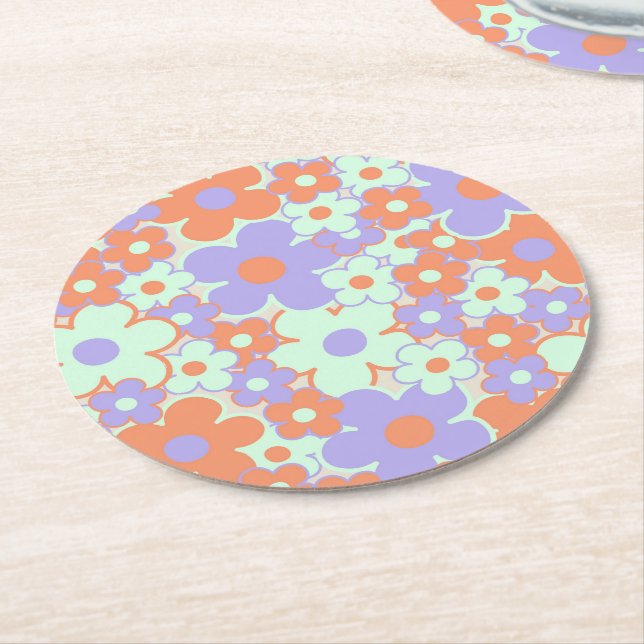 Orange Purple Blue Retro Y2K 70s Flower Pattern Round Paper Coaster (Angled)