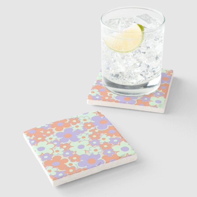 Orange Purple Blue Retro Y2K 70s Flower Pattern Stone Coaster (Side)