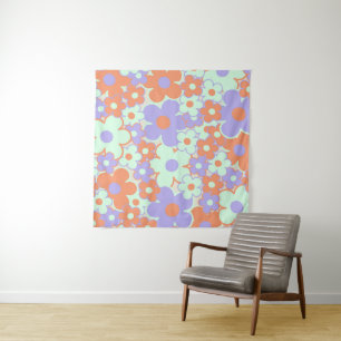 Orange Purple Blue Retro Y2K 70s Flower Pattern Tapestry