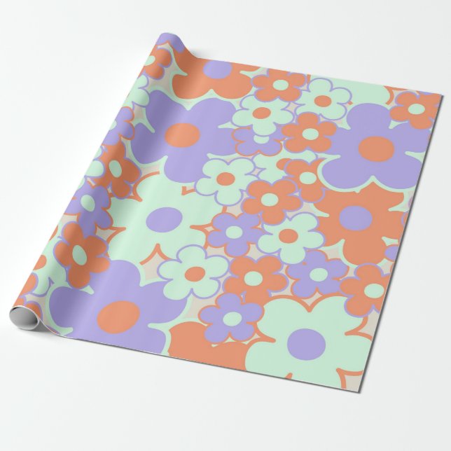 Orange Purple Blue Retro Y2K 70s Flower Pattern Wrapping Paper (Unrolled)