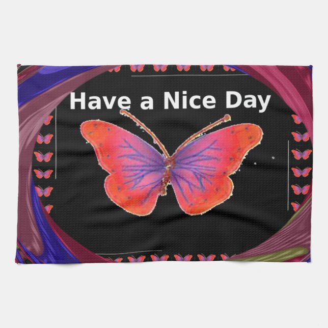 Orange Purple Butterfly Have a Nice Day Art Print Tea Towel (Horizontal)