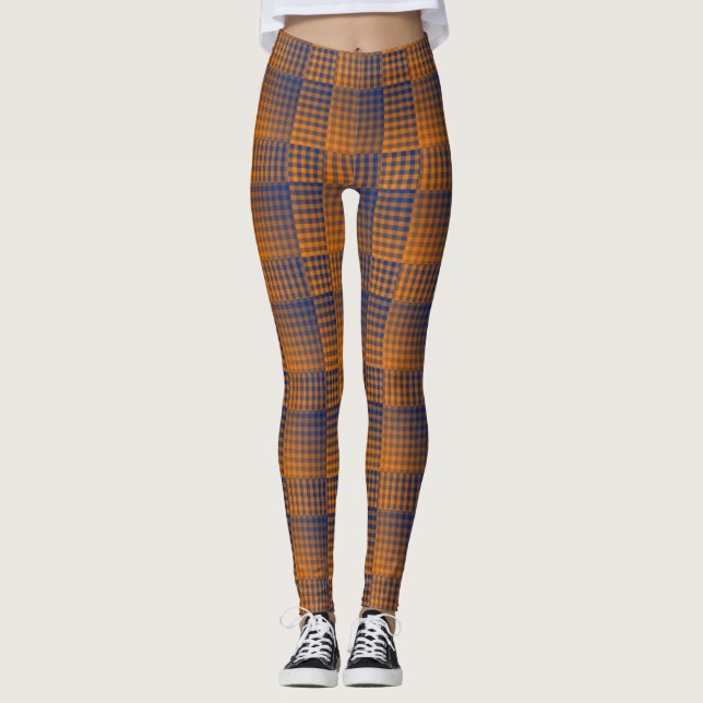 Orange Purple Checker Abstract Pattern Leggings (Front)