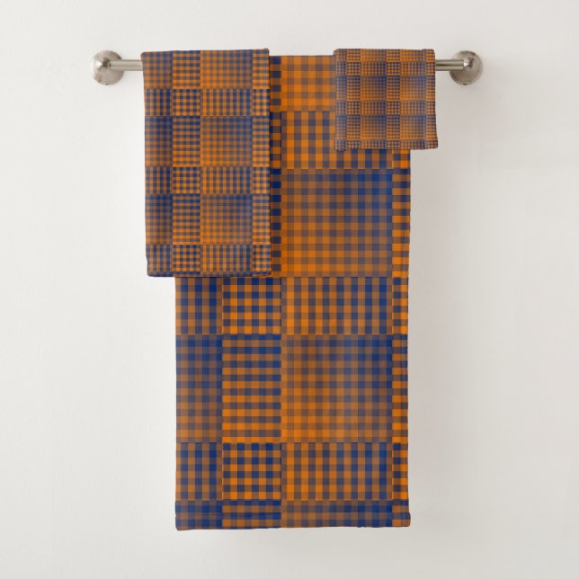 Orange Purple Chequered Abstract Pattern Bath Towel Set (Insitu)