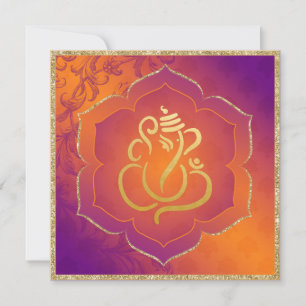 Orange Purple Damask Gold Ganesh Indian Wedding Invitation