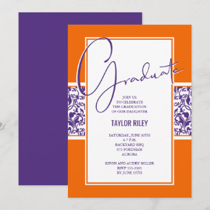 Orange Purple Damask Graduation Invitation