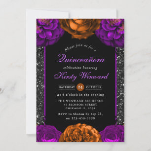 Orange & Purple Fall Flowers Halloween Quinceanera Invitation