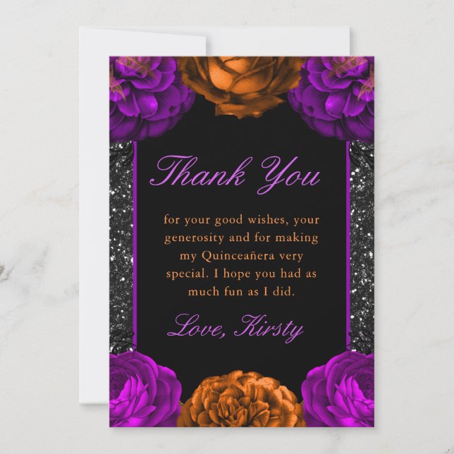 Orange & Purple Fall Flowers Halloween Quinceanera Thank You Card (Front)