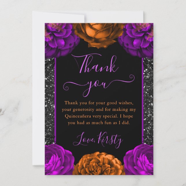 Orange & Purple Fall Flowers Halloween Quinceanera Thank You Card (Front)