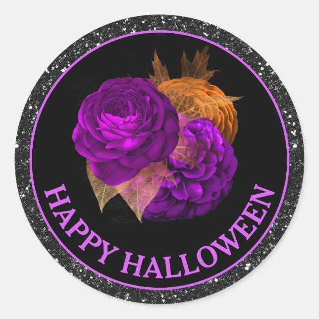 Orange & Purple Fall Flowers Happy Halloween Classic Round Sticker (Front)