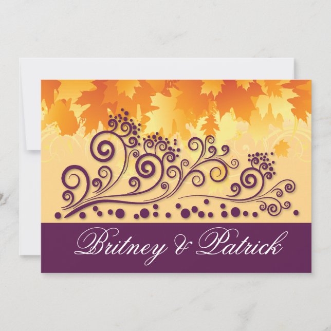 Orange Purple Fall Leaves Wedding Invitations (Front)