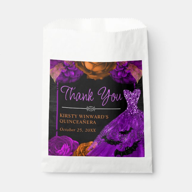 Orange & Purple Floral Dress Halloween Quinceanera Favour Bags (Front)