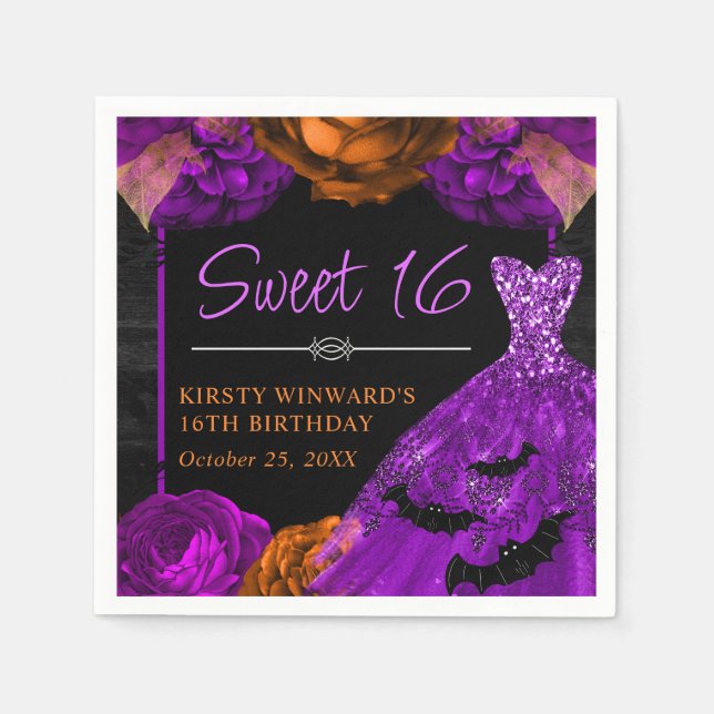 Orange & Purple Floral Dress Halloween Sweet 16 Napkin (Front)