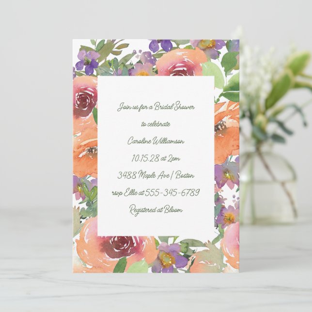 Orange Purple Floral Hand Painted Bridal Shower Invitation (Standing Front)