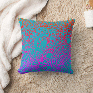 Orange Purple Flowers and Blue Background  Cushion