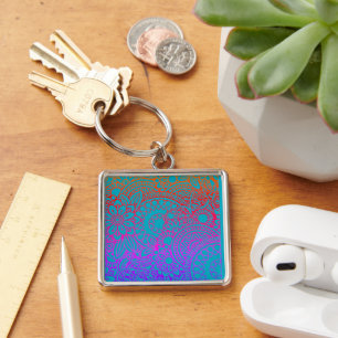 Orange Purple Flowers and Blue Background Key Ring