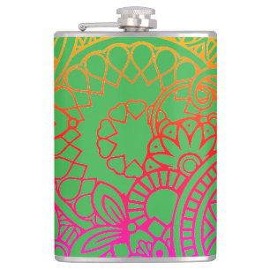 Orange Purple Flowers and Light Green Background Hip Flask
