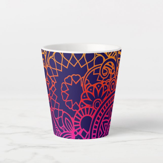 Orange Purple Flowers and Navy Blue Background Latte Mug (Front)