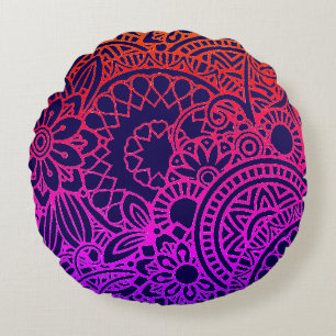 Orange Purple Flowers and Navy Blue Background Round Cushion